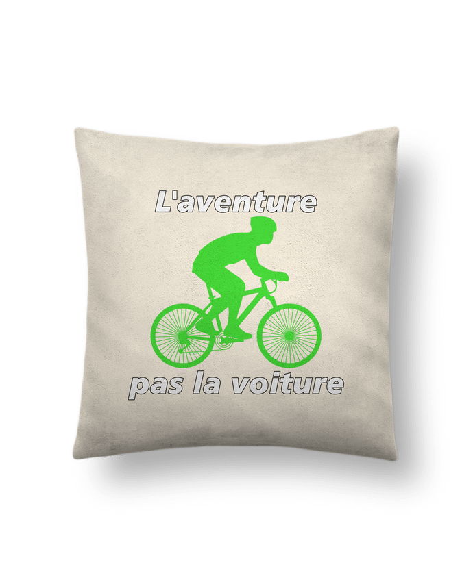 Coussin suédine L'aventure pas la voiture avec vélo vert par LV-CREATOR