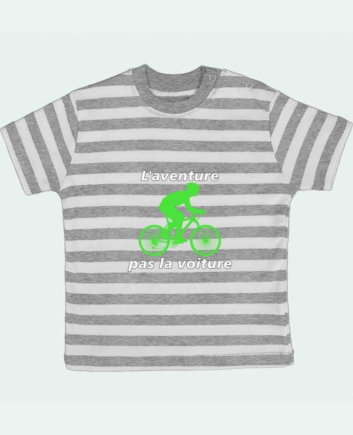 Tee-shirt bébé à rayures L'aventure pas la voiture avec vélo vert par LV-CREATOR