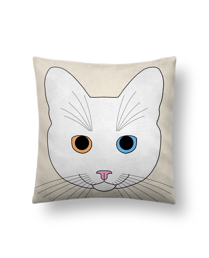 Coussin suédine Chat tête blanc yeux orange bleu par Finger L