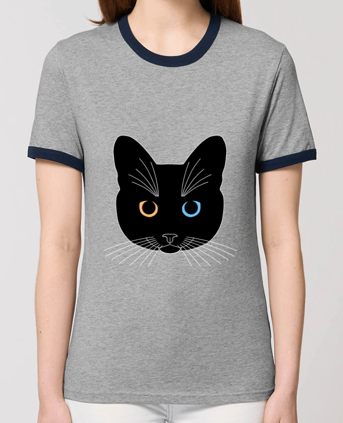 T-shirt Chat tête noir yeux orange bleu par Finger L