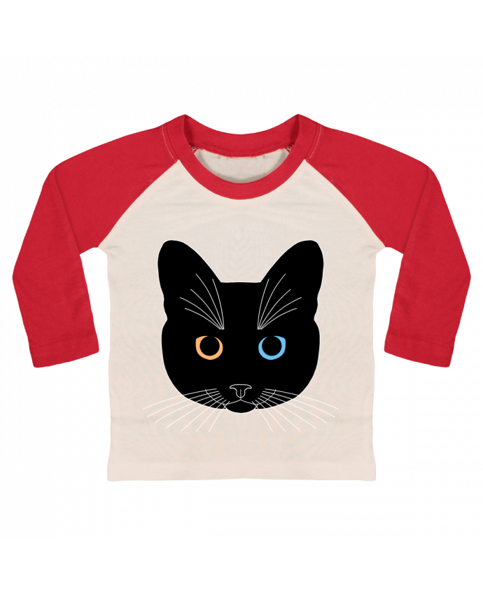 Tee-shirt Bébé Baseball ML Chat tête noir yeux orange bleu par Finger L