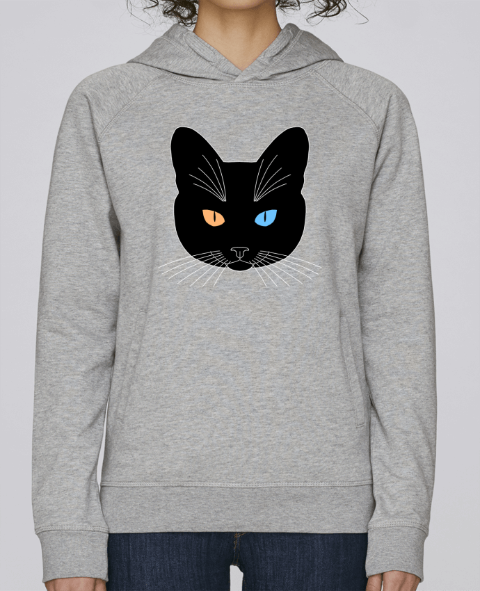 Sweat capuche femme Chat tête noir yeux orange bleu par Finger L