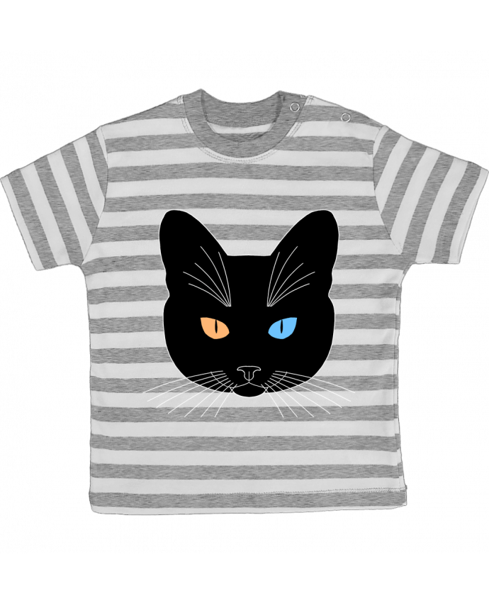 Tee-shirt bébé à rayures Chat tête noir yeux orange bleu par Finger L