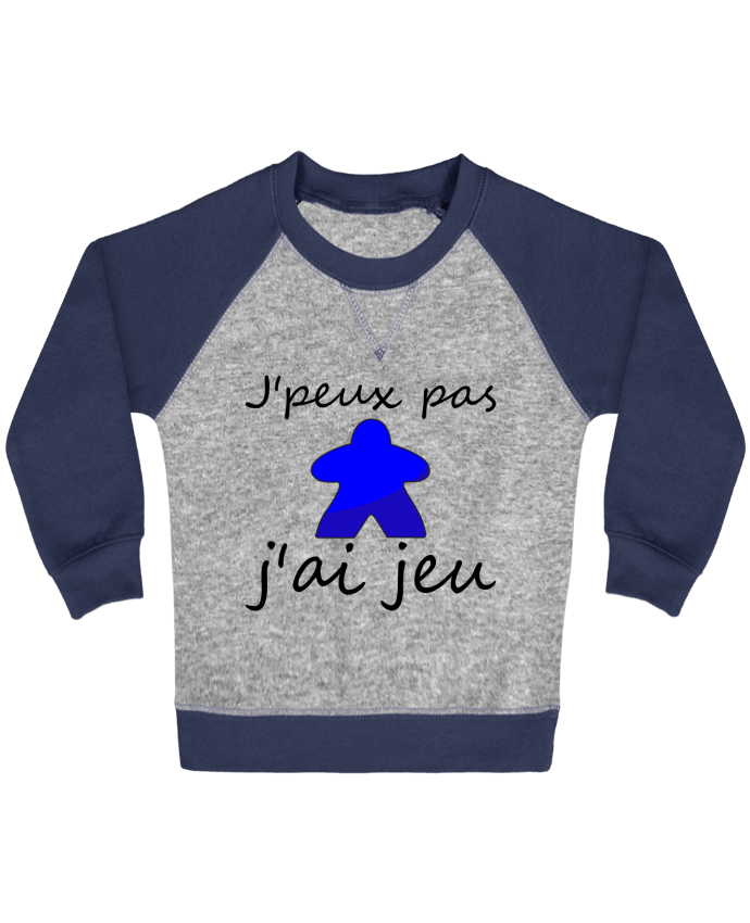 Sweat bébé manches contrastée j'peux pas j'ai jeu meeple bleu par Le Repaire des Joueurs