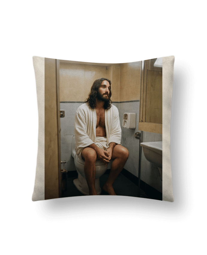 Coussin suédine Jesus sur les toilettes par TiA