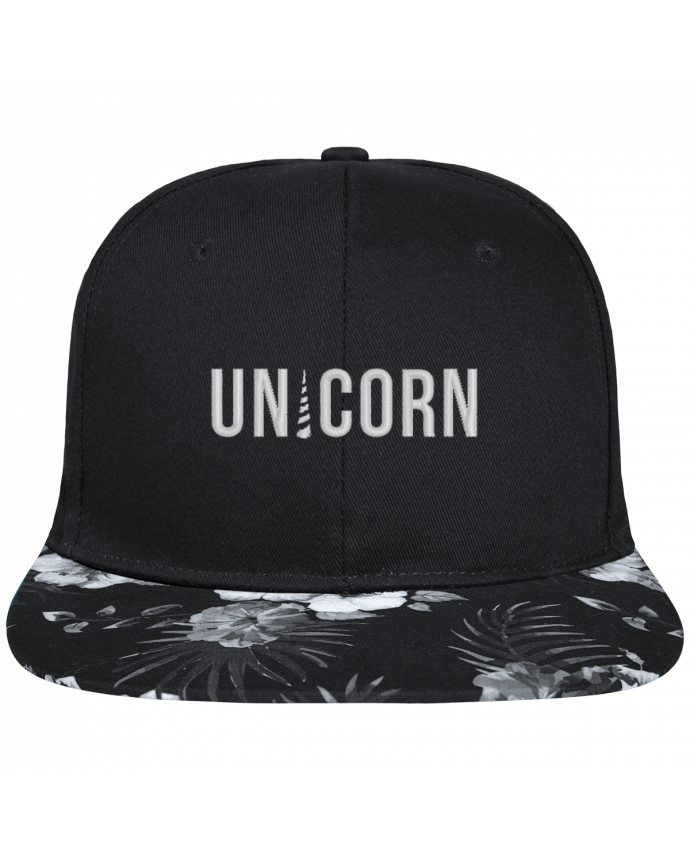 Snapback Cap visor Hawaii Crown pattern Unicorn brodé avec toile noire 100% coton et visière imprimée fleurs 100% po