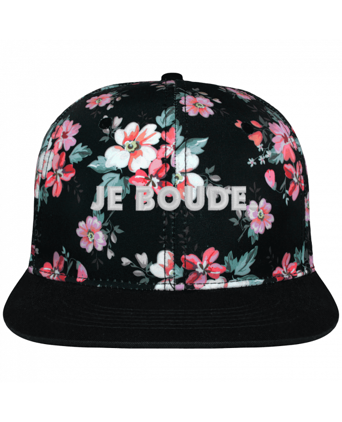 Snapback Cap Black Floral crown pattern Je boude. brodé avec toile motif à fleurs 100% polyester et visière 