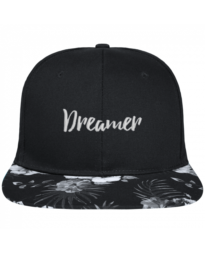 Snapback Cap visor Hawaii Crown pattern Dreamer brodé avec toile noire 100% coton et visière imprimée fleurs 100% po