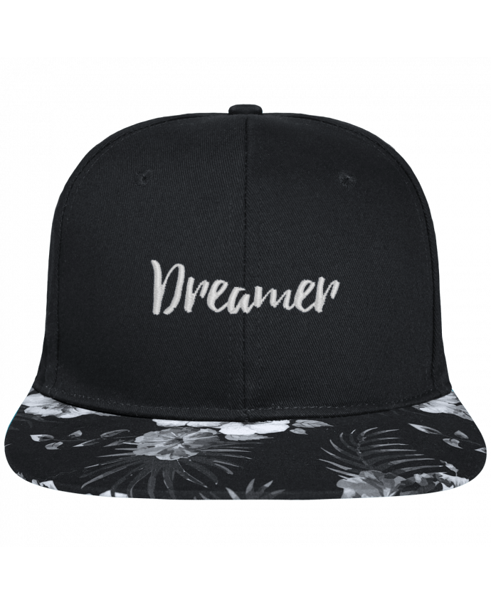 Snapback black hawaiian Dreamer brodé avec toile noire 100% coton et visière imprimée fleurs 100% po