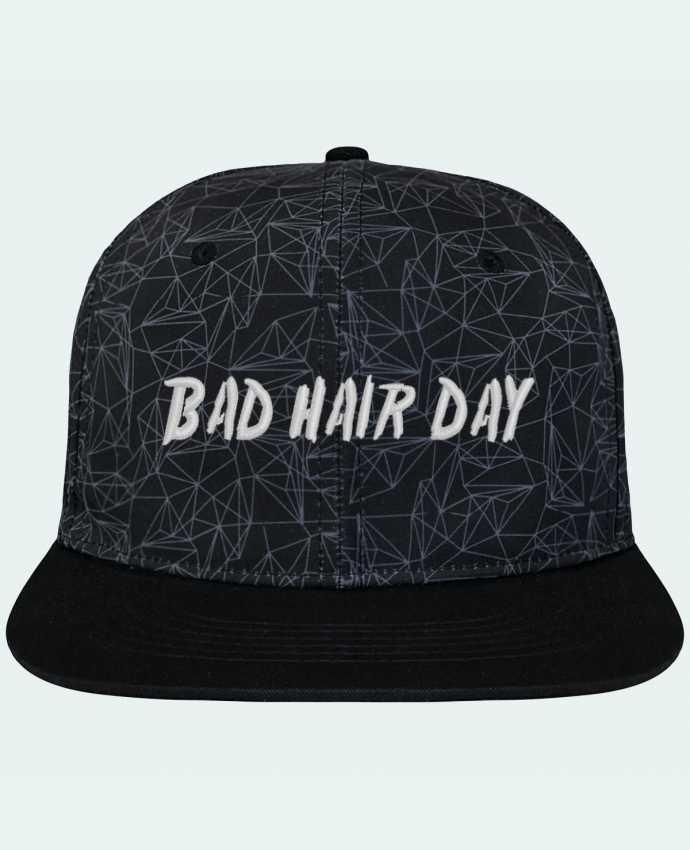 Casquette snapback geometric noire Bad hair day brodé avec toile imprimée et visière noire