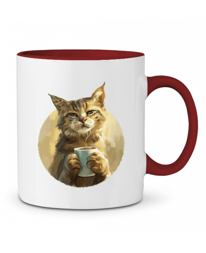 Mug bicolore Illustration de Chat avec sa tasse de café KronoArt