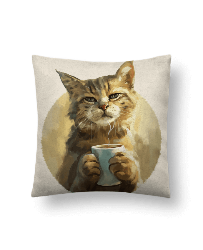 Coussin suédine Illustration de Chat avec sa tasse de café par KronoArt