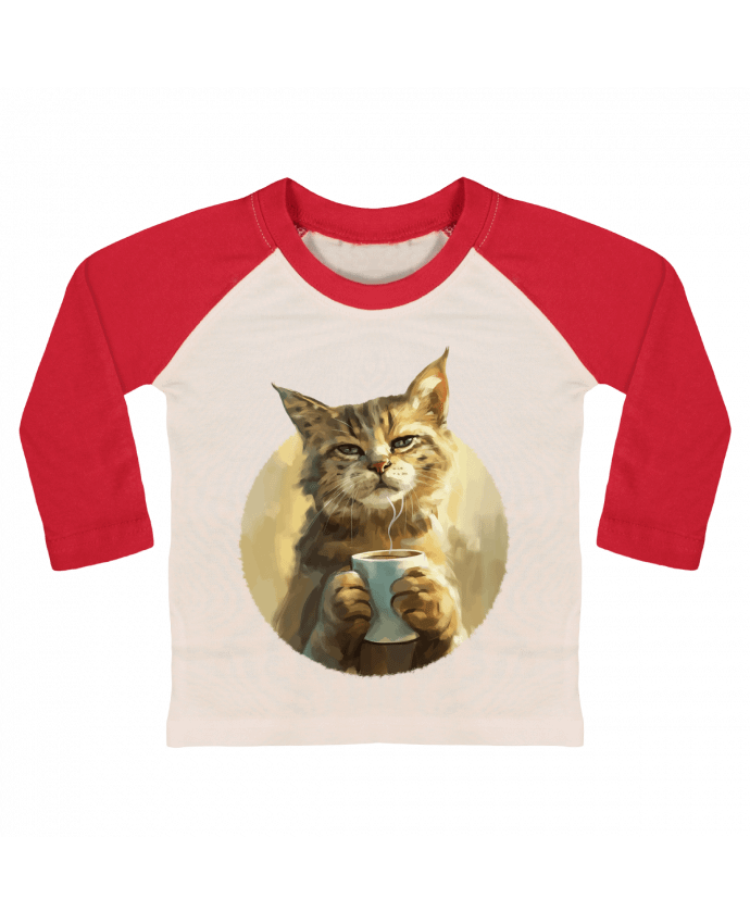 Tee-shirt Bébé Baseball ML Illustration de Chat avec sa tasse de café par KronoArt