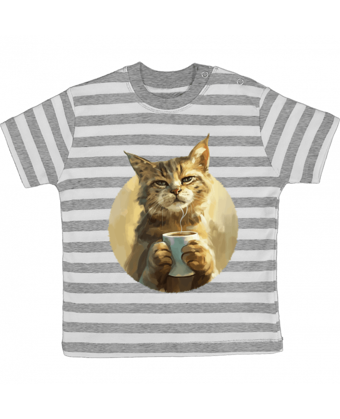 Tee-shirt bébé à rayures Illustration de Chat avec sa tasse de café par KronoArt