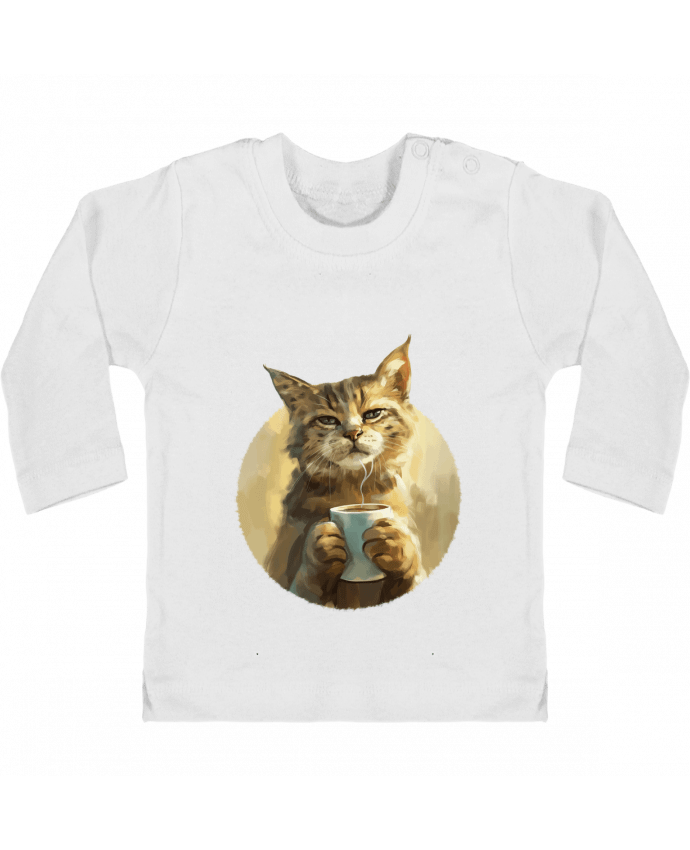 T-shirt bébé Illustration de Chat avec sa tasse de café manches longues du designer KronoArt