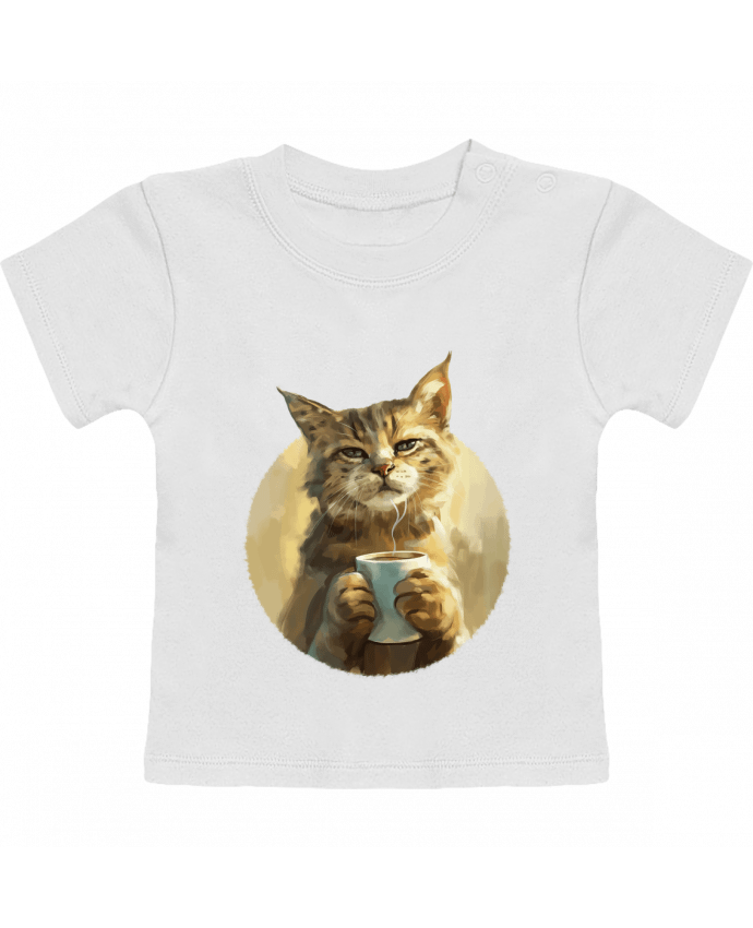 T-shirt bébé Illustration de Chat avec sa tasse de café manches courtes du designer KronoArt