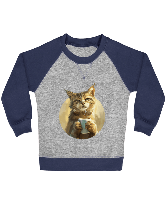 Sweat bébé manches contrastée Illustration de Chat avec sa tasse de café par KronoArt