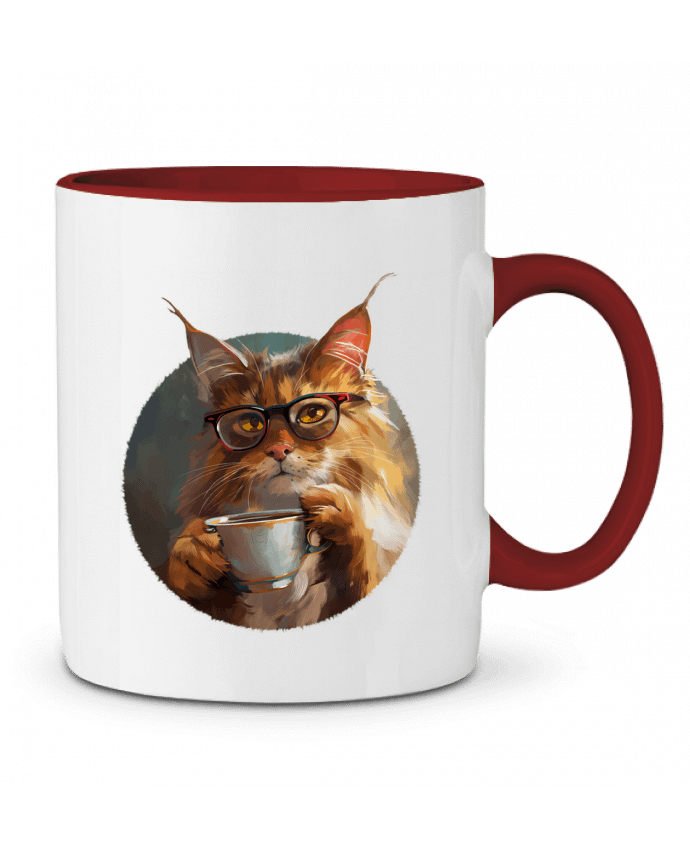 Mug bicolore Illustration de Chat avec sa tasse de café KronoArt