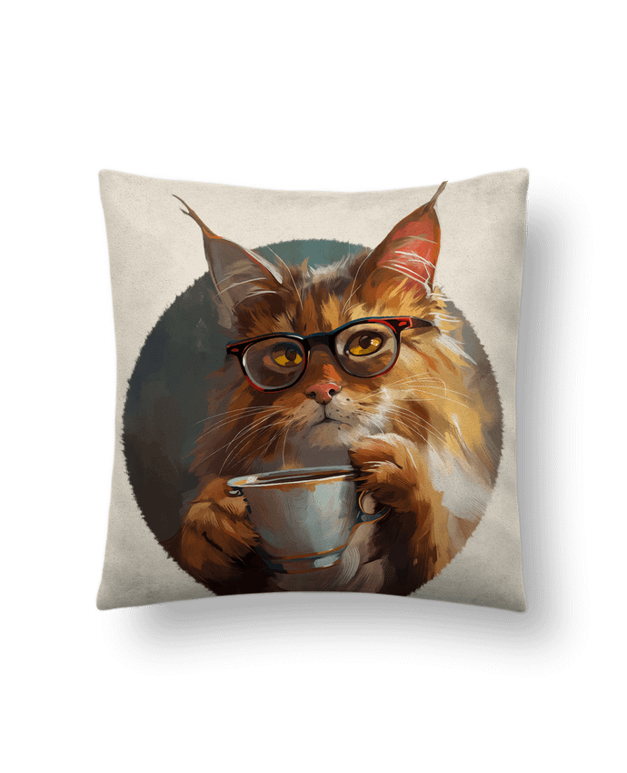 Coussin suédine Illustration de Chat avec sa tasse de café par KronoArt