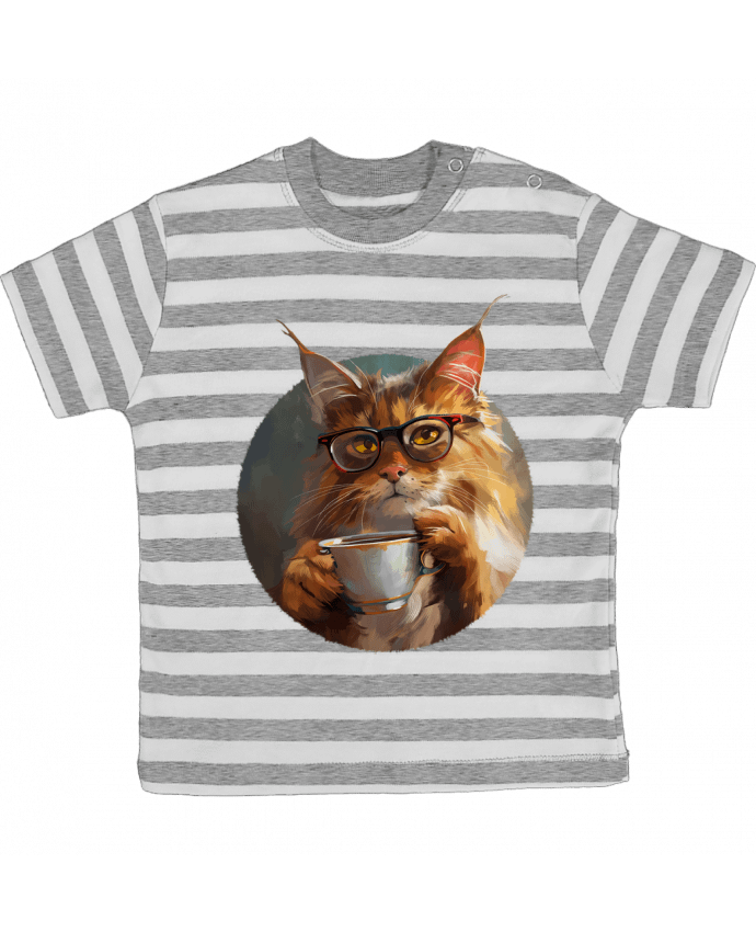 Tee-shirt bébé à rayures Illustration de Chat avec sa tasse de café par KronoArt