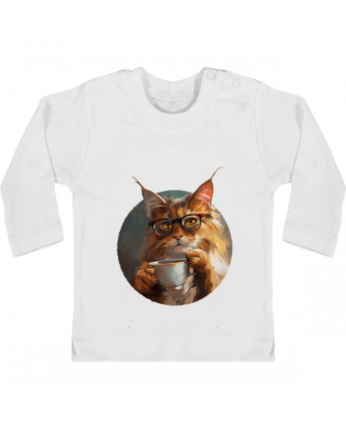 T-shirt bébé Illustration de Chat avec sa tasse de café manches longues du designer KronoArt