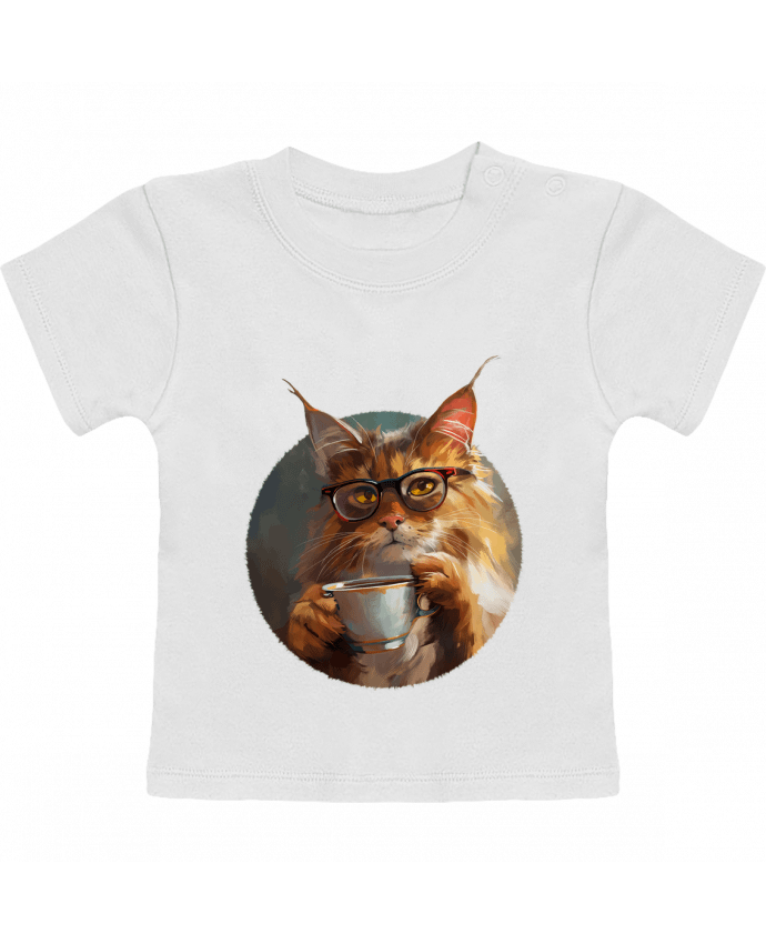 T-shirt bébé Illustration de Chat avec sa tasse de café manches courtes du designer KronoArt