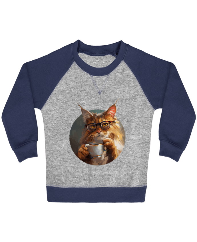 Sweat bébé manches contrastée Illustration de Chat avec sa tasse de café par KronoArt