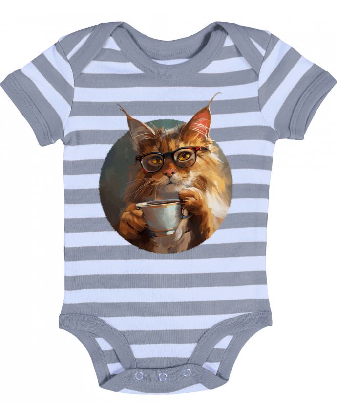 Body Bébé Rayé Illustration de Chat avec sa tasse de café - KronoArt