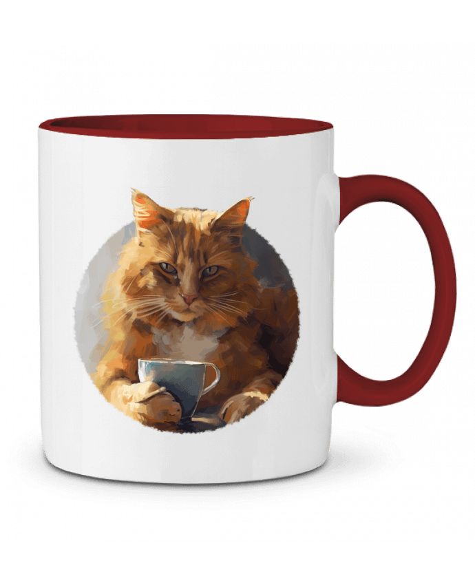 Mug bicolore Illustration de Chat avec sa tasse de café KronoArt