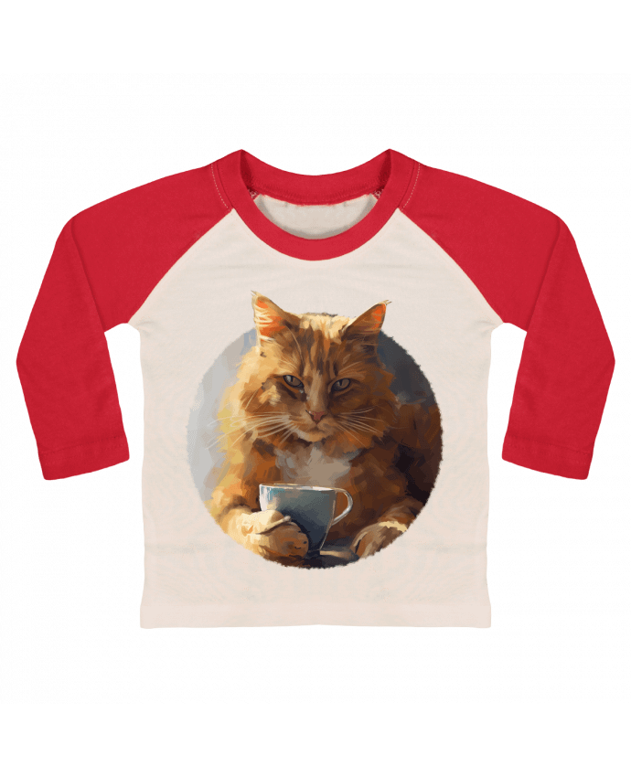 Tee-shirt Bébé Baseball ML Illustration de Chat avec sa tasse de café par KronoArt