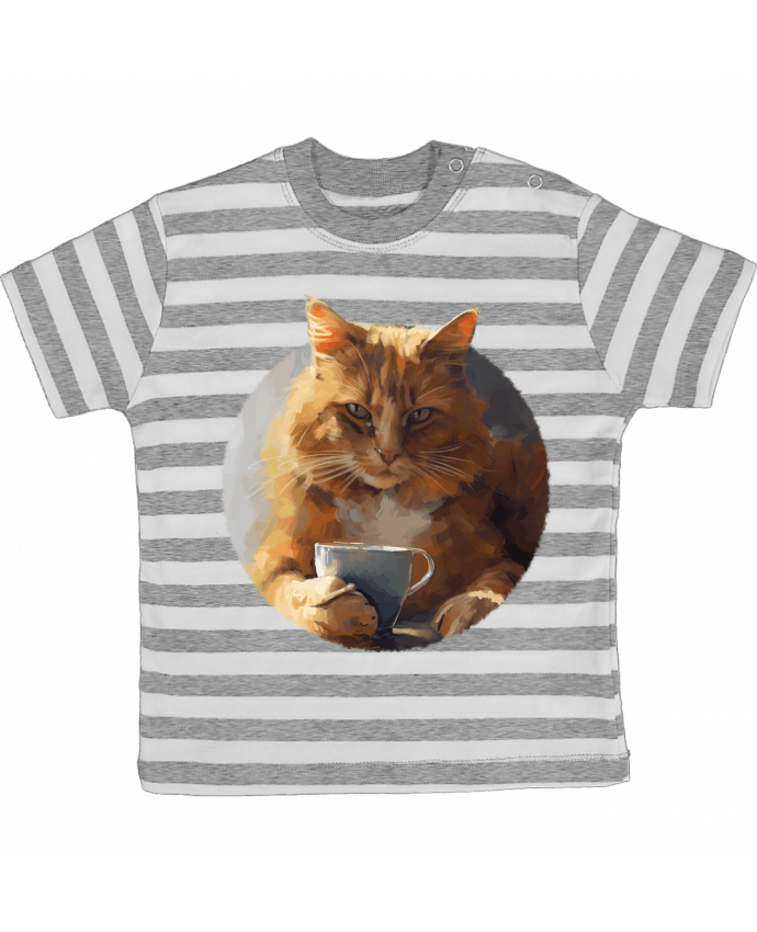 Tee-shirt bébé à rayures Illustration de Chat avec sa tasse de café par KronoArt