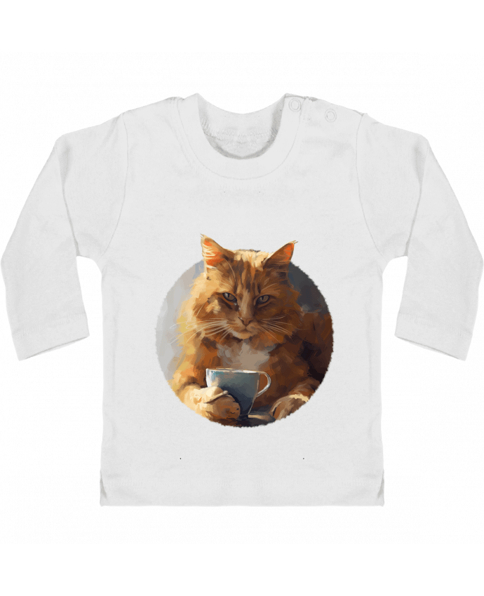 T-shirt bébé Illustration de Chat avec sa tasse de café manches longues du designer KronoArt