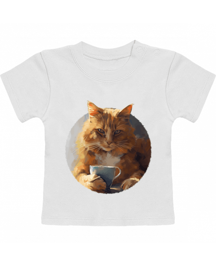 T-shirt bébé Illustration de Chat avec sa tasse de café manches courtes du designer KronoArt