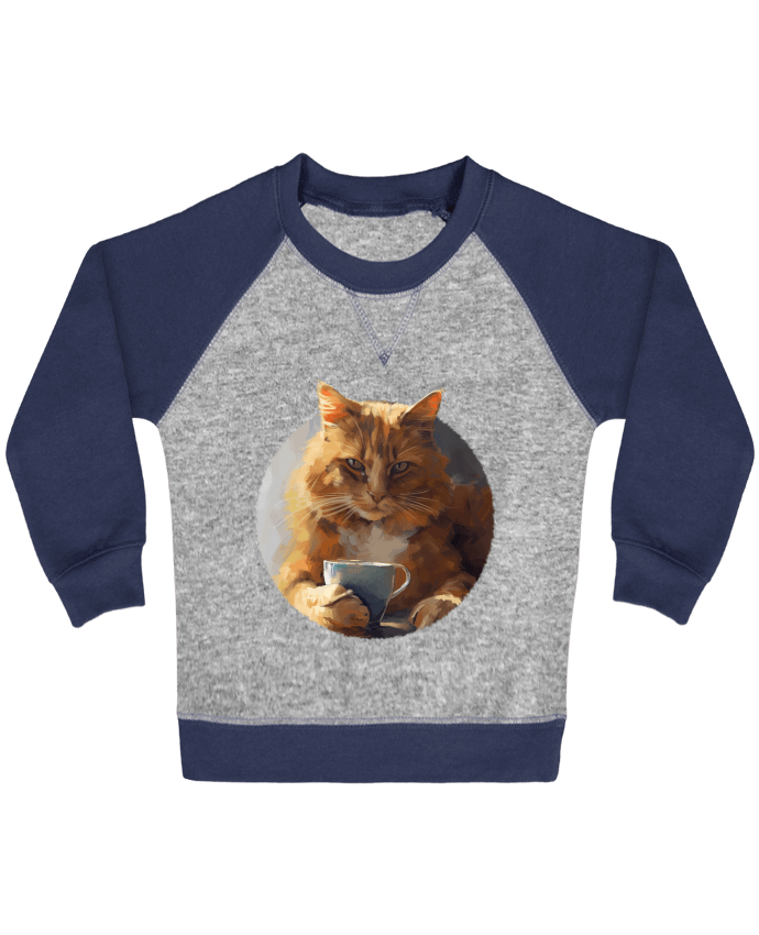 Sweat bébé manches contrastée Illustration de Chat avec sa tasse de café par KronoArt