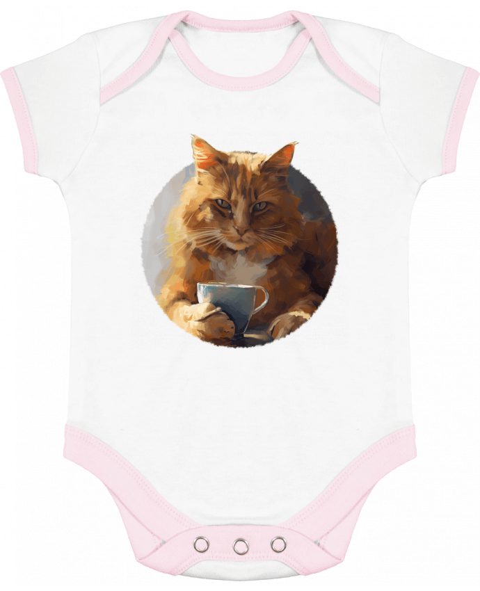 Body bébé manches contrastées Illustration de Chat avec sa tasse de café par KronoArt