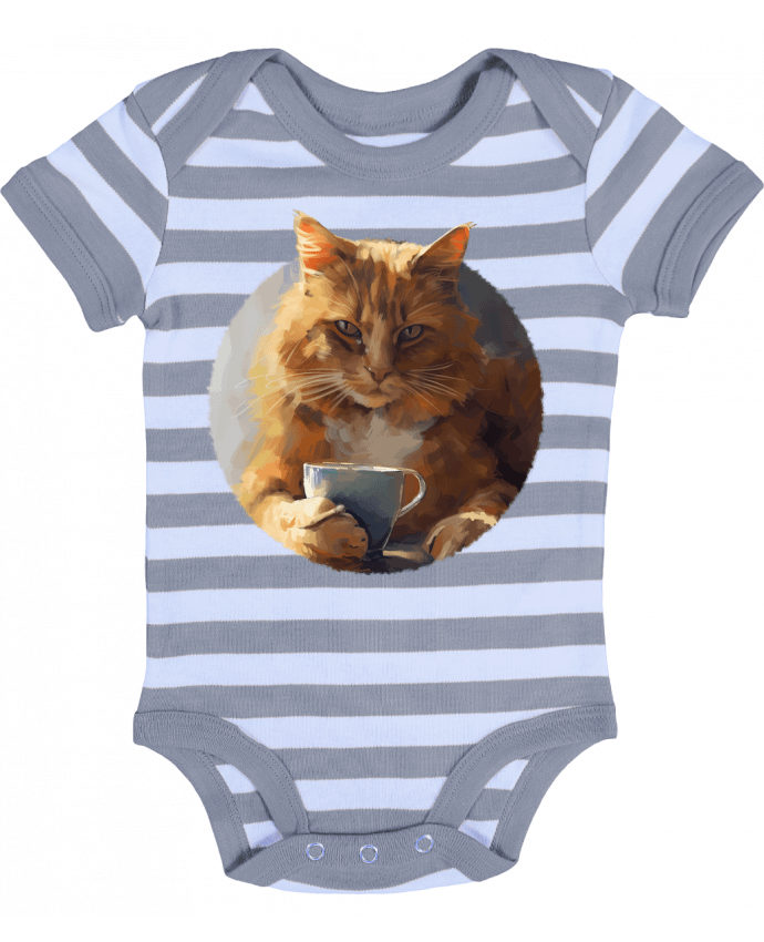 Body Bébé Rayé Illustration de Chat avec sa tasse de café - KronoArt