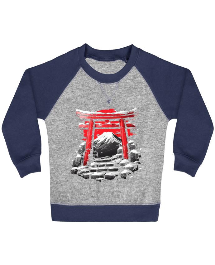 Sweat bébé manches contrastée Temple Japonnais et Mont Fuji par KronoArt