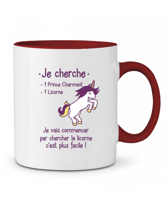 Mug bicolore Je cherche un prince charmant et une licorne Benichan