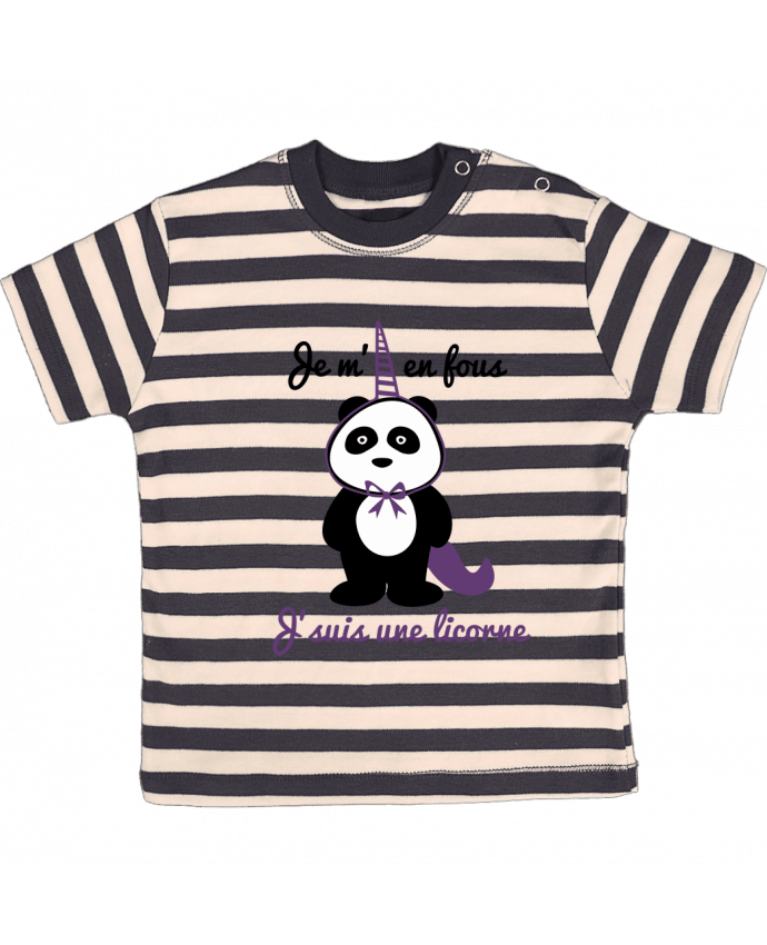 Tee-shirt bébé à rayures Je m'en fous j'suis une licorne, panda par Benichan