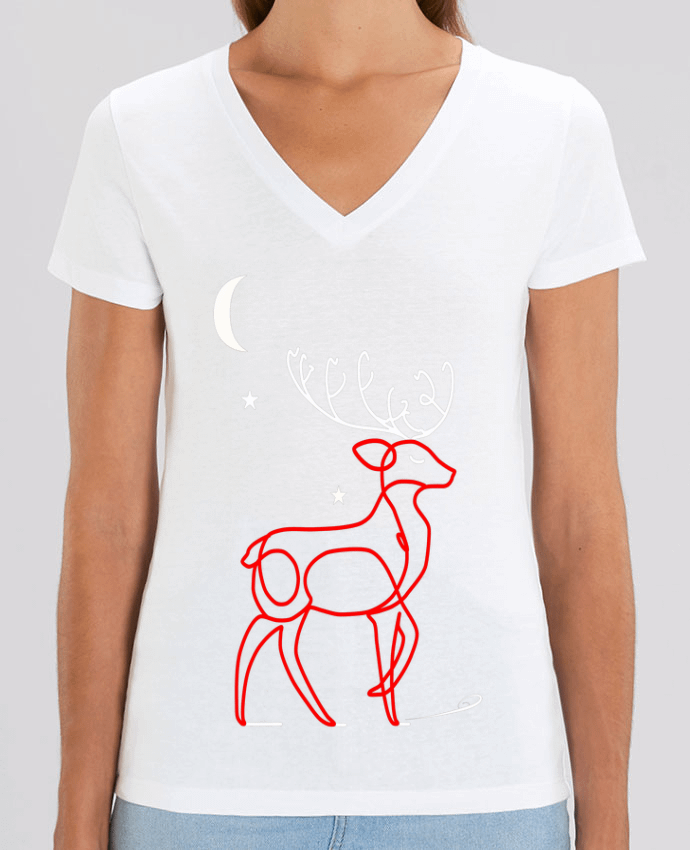 Tee-shirt femme Renne  nocturne, rouge et blanc, Noël, étoiles -Design- Illustration Féérique et Élé