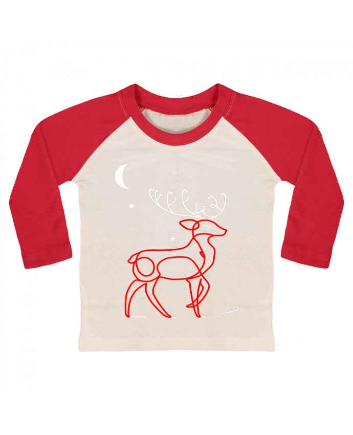 Tee-shirt Bébé Baseball ML Renne  nocturne, rouge et blanc, Noël, étoiles -Design- Illustration Féér