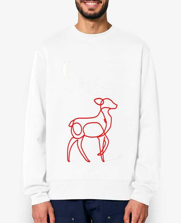 Sweat-shirt Renne  nocturne, rouge et blanc, Noël, étoiles -Design- Illustration Féérique et Élégant