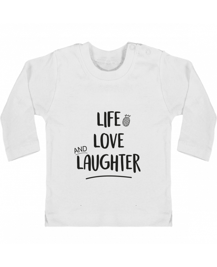 Baby T-shirt with press-studs long sleeve Life, love and laughter... manches longues du designer IDÉ'IN