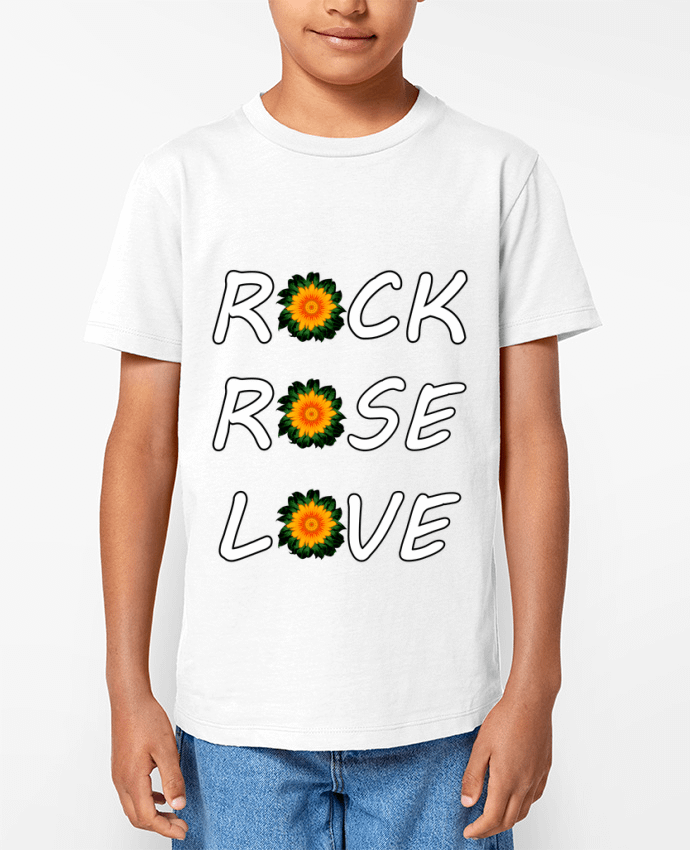 T-shirt écoresponsable enfant Rock, Rose, Love avec fleurs Oranges et Vertes Par LV-CREATOR