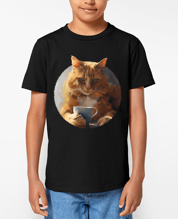 T-shirt Enfant Illustration de Chat avec sa tasse de café Par KronoArt