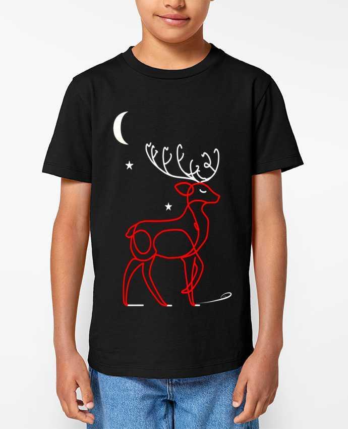 T-shirt Enfant Renne  nocturne, rouge et blanc, Noël, étoiles -Design- Illustration Féérique et Élég