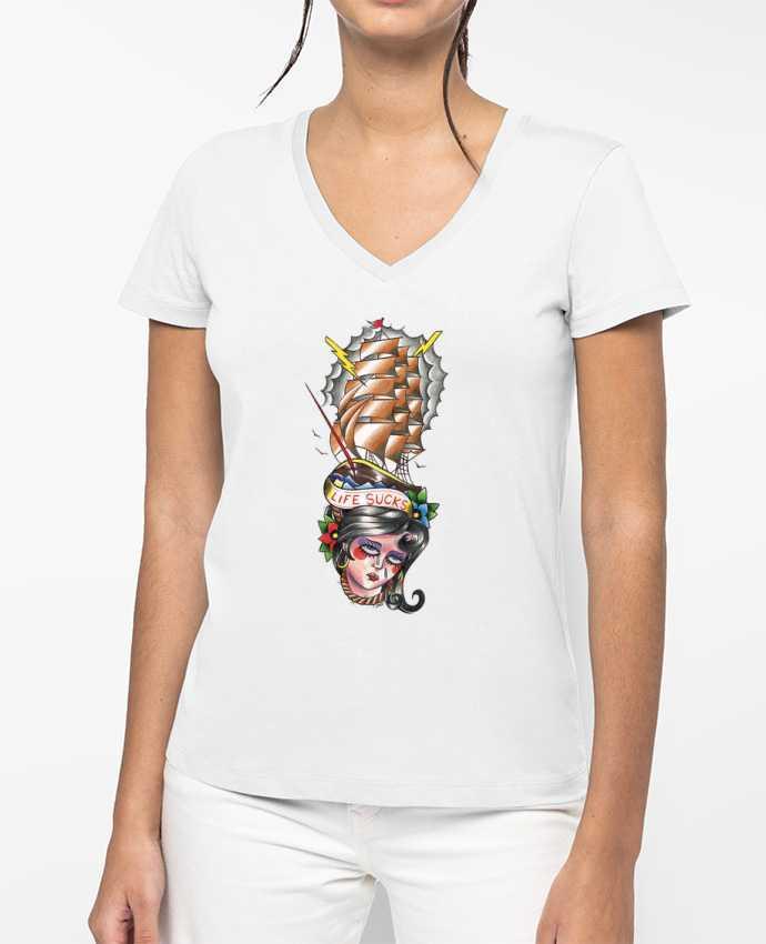 T-shirt femme col V Life Sucks par david