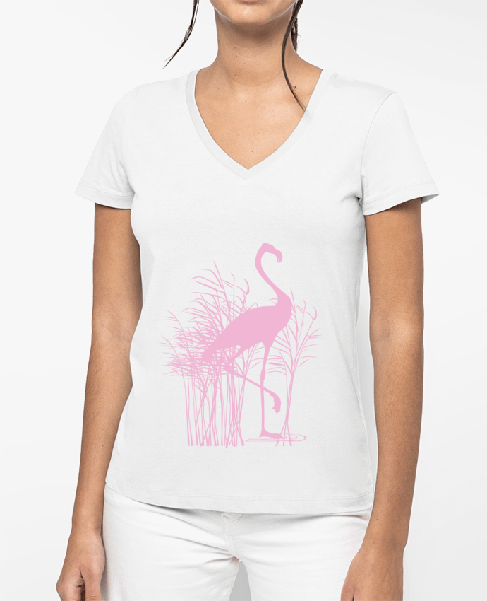 T-shirt femme col V Flamant rose dans roseaux par Studiolupi