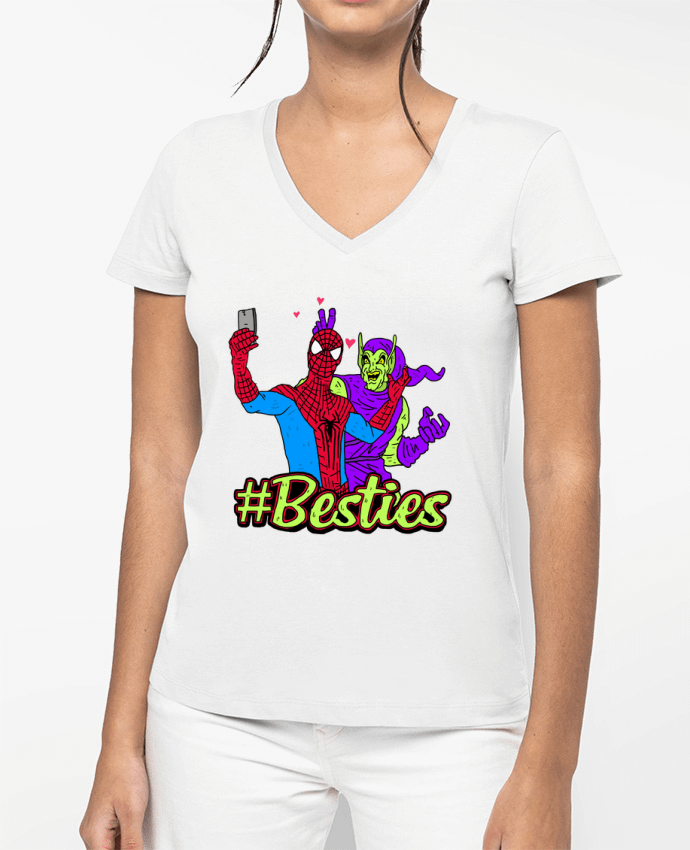 T-shirt écoresponsable col V femme #Besties Spiderman por Nick cocozza