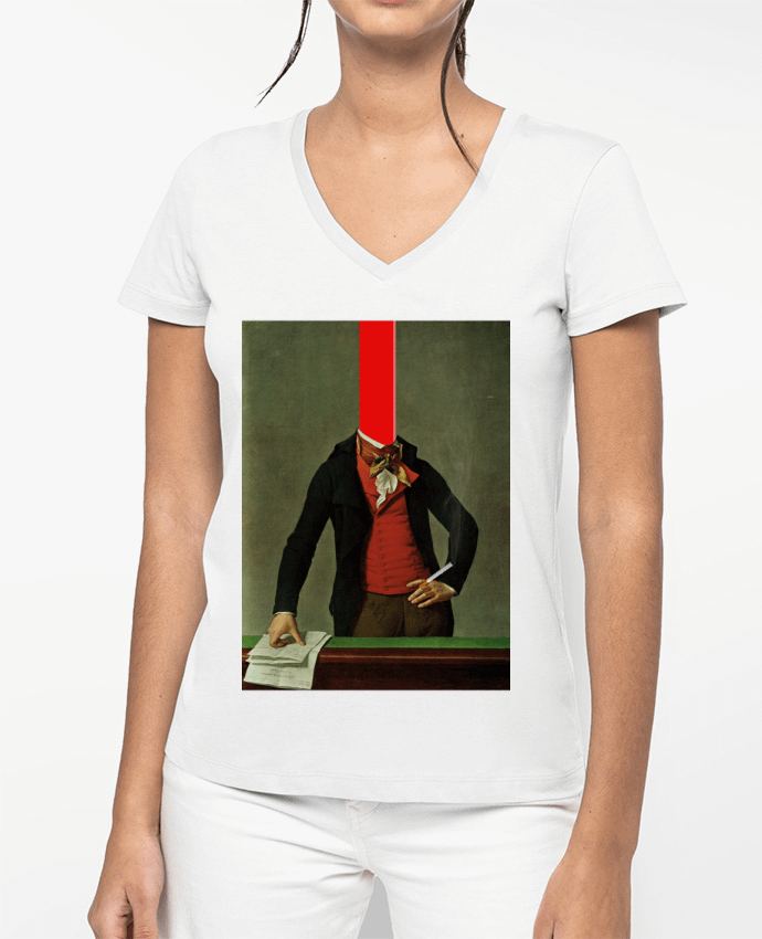 T-shirt femme col V The red stripe in the head and the cigarette in the hand par Marko Köppe